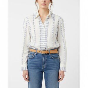 Finley White and Blue Fringe Trim Button Down Shirt Cotton Medium Like New